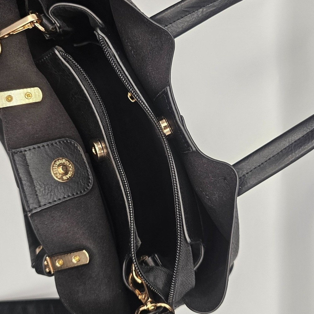 Womens Black Tote Handbag Crossbody Three division side pockets removable straps - Picture 6 of 11